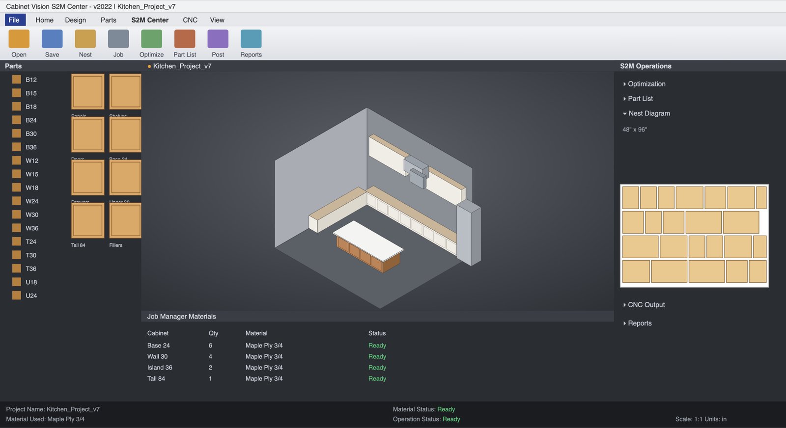 3D kitchen millwork model in Cabinet Vision with material and part-list panels open alongside it
