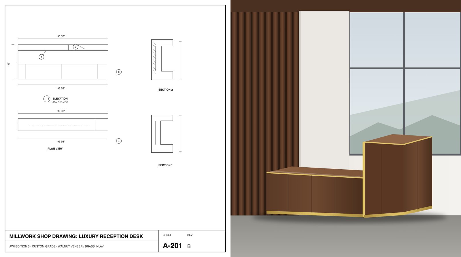 Millwork shop drawing elevation next to the finished reception desk built from it